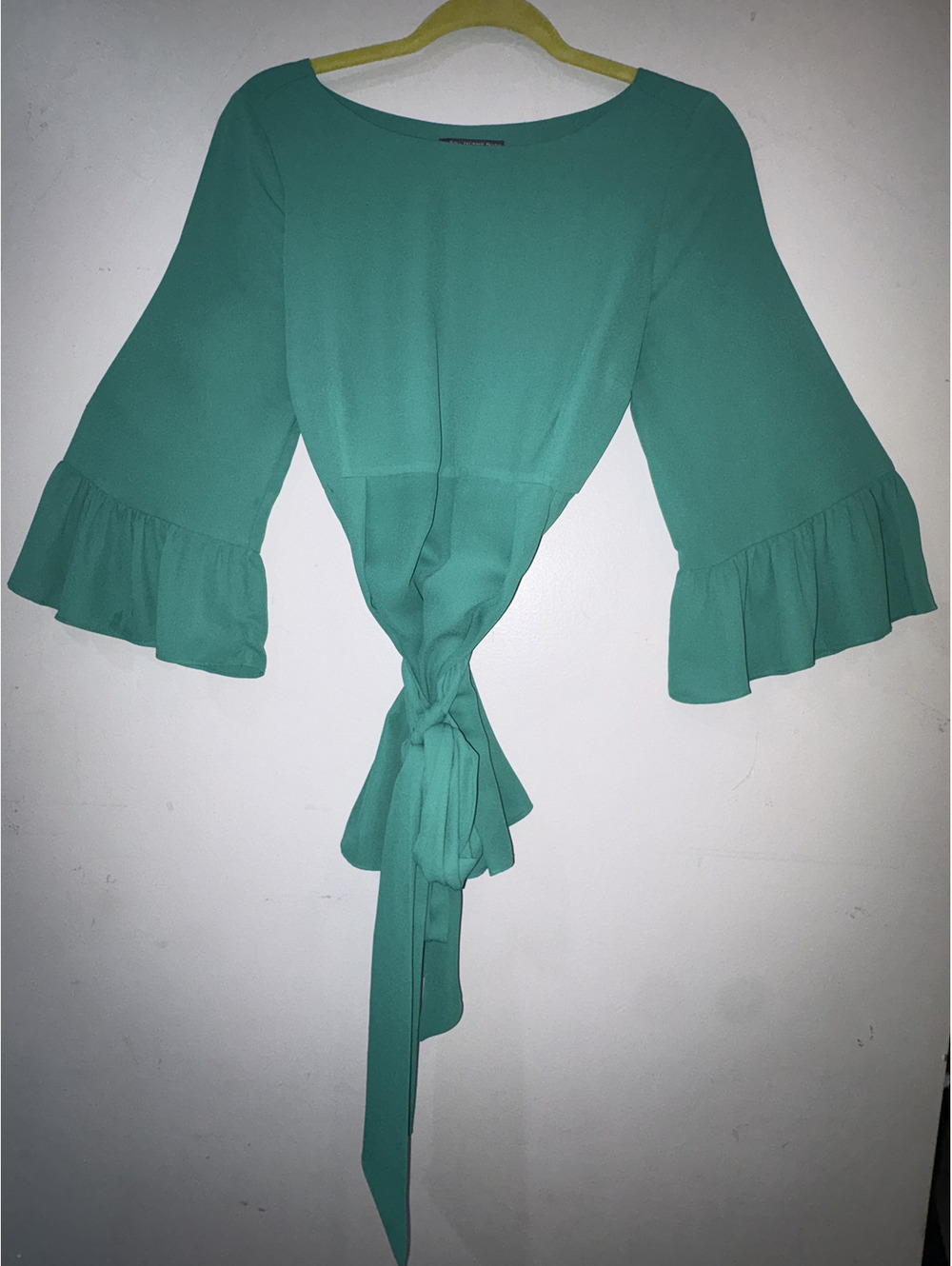 A Pea in the Pod Maternity Green Ruffle Sleeve Blouse with Waist Tie